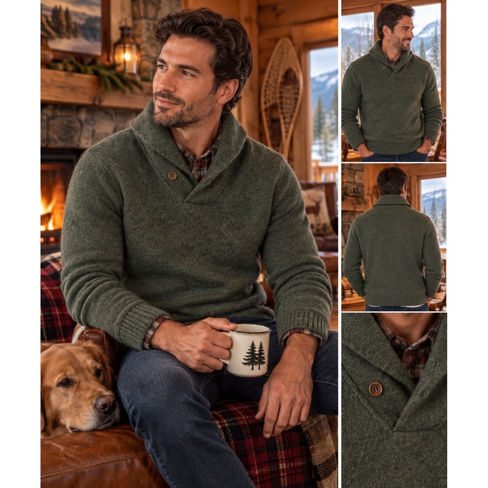 J.Crew Mens M Premium Lambswool Shawl Collar Sweater Green 100% Wool Pullover